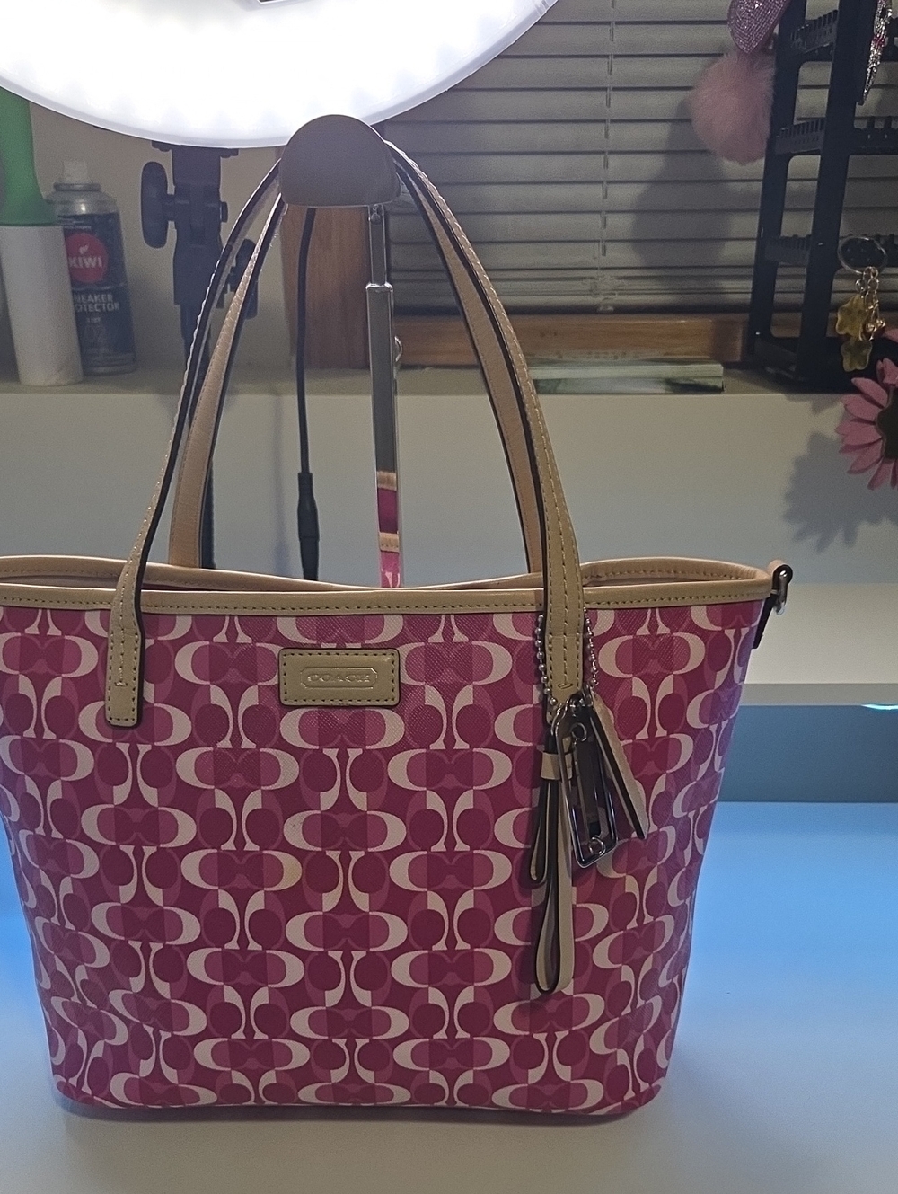 Coach Park Metro Dream C Pink Signature Canvas Tote with Tan Trim